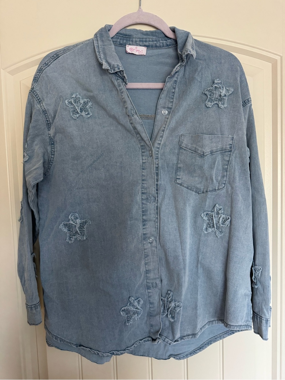 Pink Lily Light Blue Star Appliqué Denim Button-Up Shirt